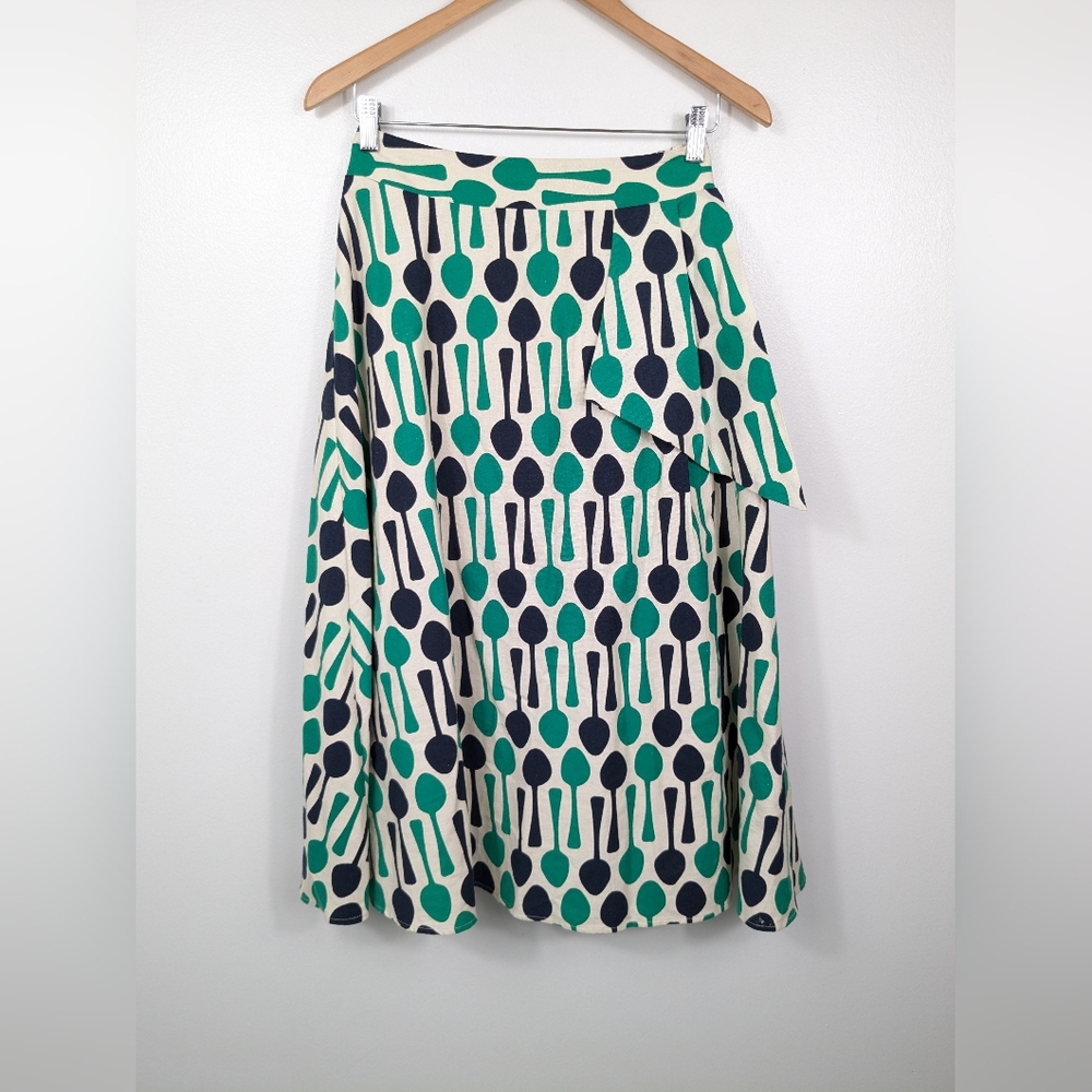 Eva Franco Anthropologie Womens Spoon Print Skirt Size 2 Green Black White Lined